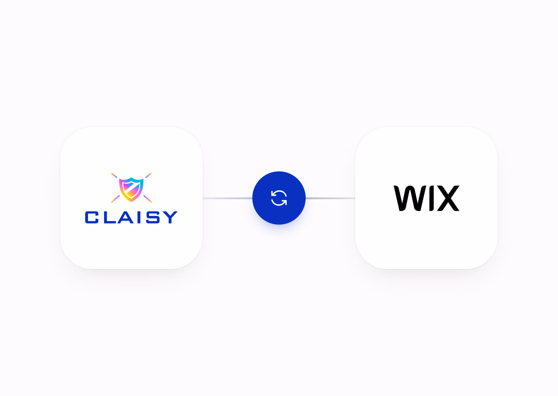 Diagramme illustrant l'intégration entre Claisy et Wix avec leurs logos connectés par une icône de synchronisation circulaire au centre.