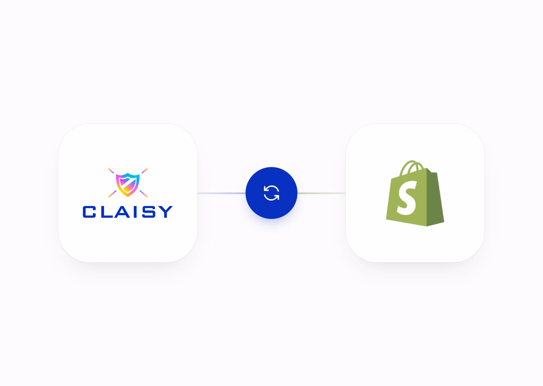 Icônes représentant l'intégration entre Claisy avec un bouclier coloré et Shopify avec un sac vert, reliées par un symbole de synchronisation circulaire bleu.