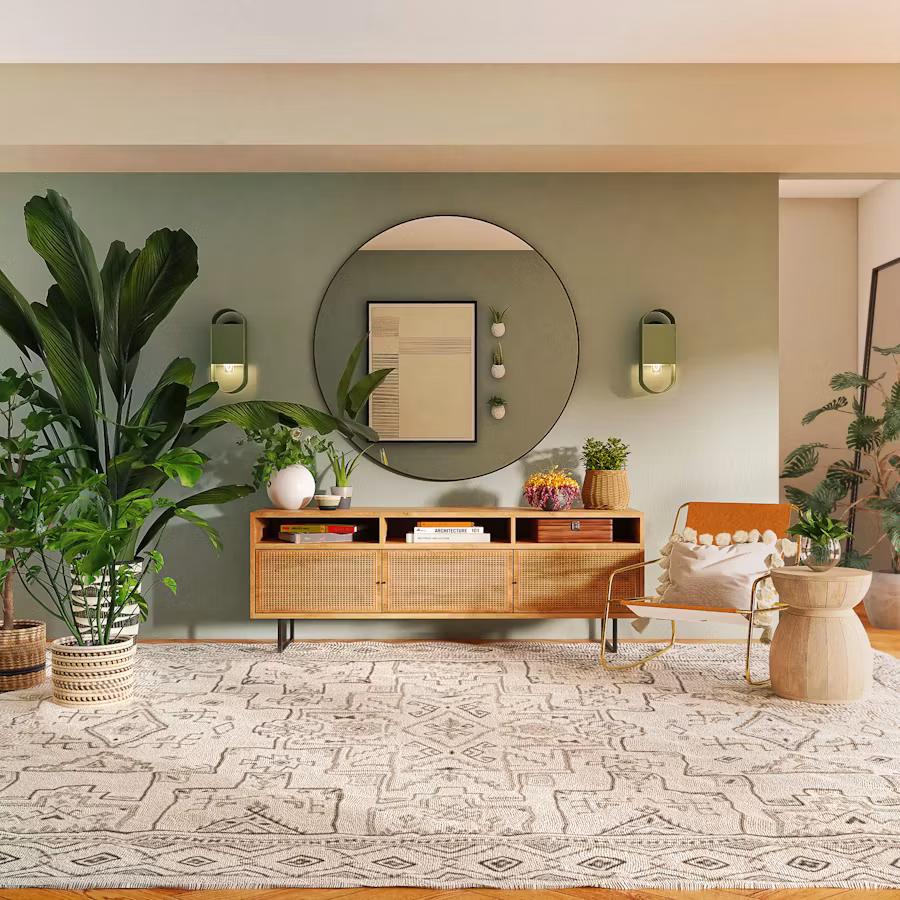 Salon moderne avec un grand tapis beige à motifs géométriques, une commode en bois tressé au centre avec des plantes et livres, un miroir rond au mur vert, une chaise jaune avec coussin blanc, et plusieurs grandes plantes vertes dans des paniers.