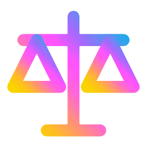 Balance de justice stylisée avec coque dégradée de rose, violet, bleu et jaune sur fond transparent.