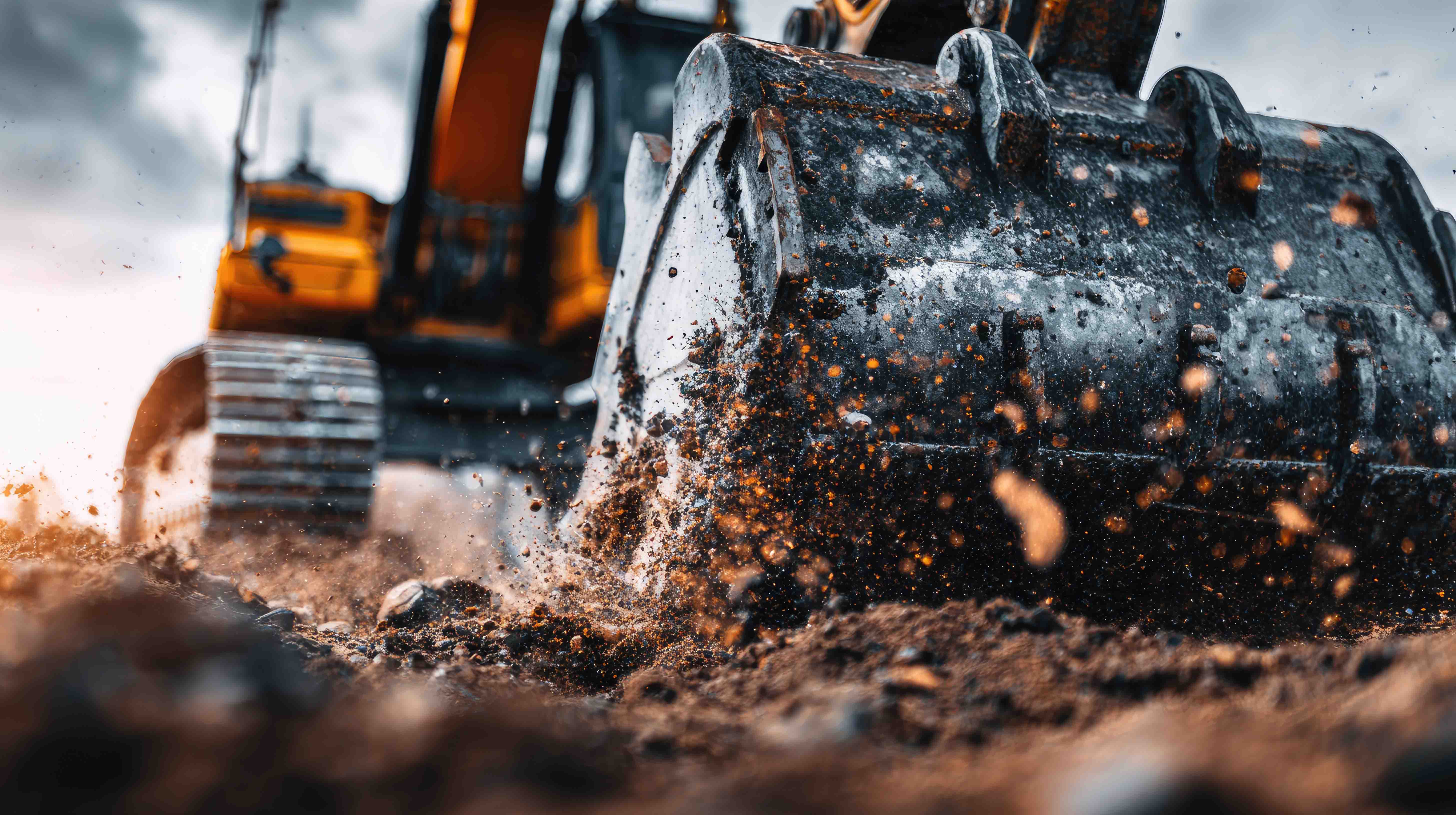 Nahaufnahme eines Baggerlöffels, der Erde und Steine beim Bauvorhaben schaufelt.