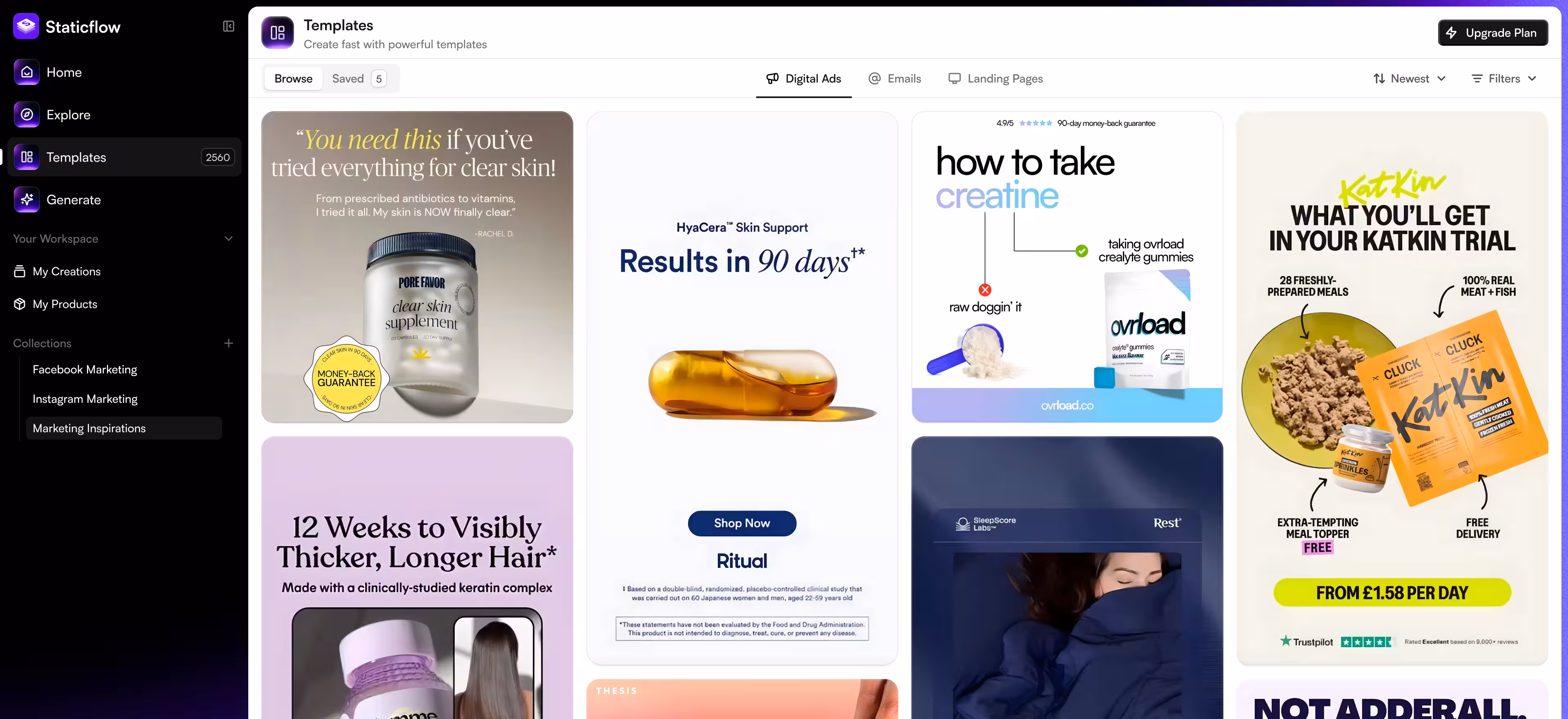 Dashboard preview of Staticflow platform showing AI-generated ad templates and user interface for exploring and creating high-converting static ads
