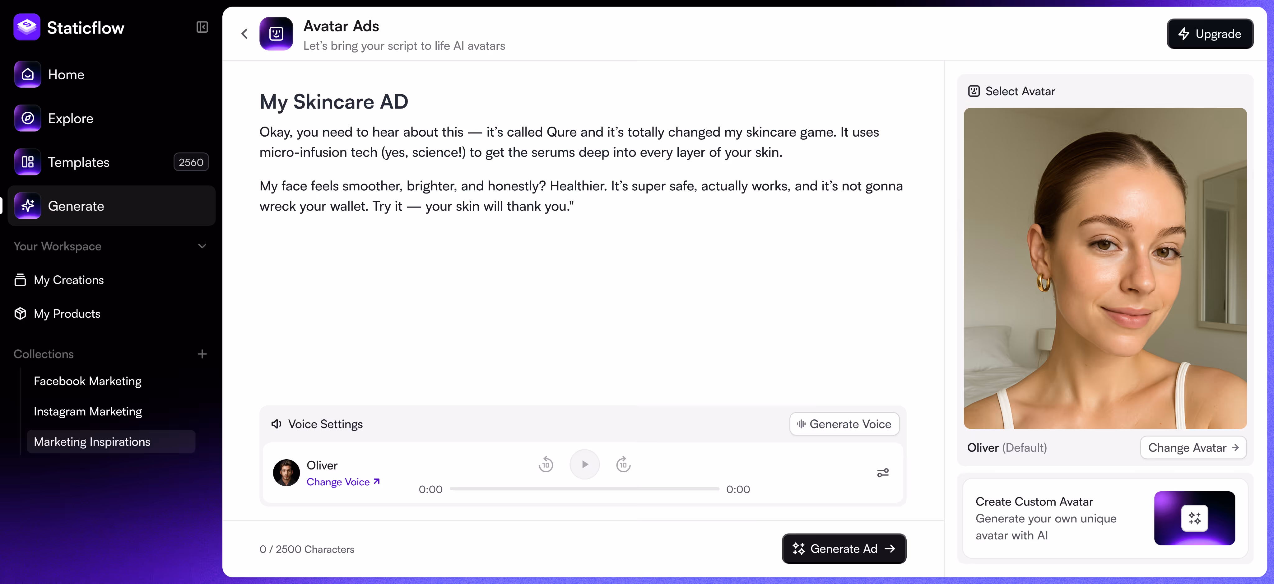 Staticflow interface generating AI video ads with avatar and script editor.