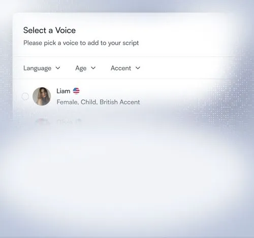 Voice selection panel with language, age, and accent filters, and example voices.