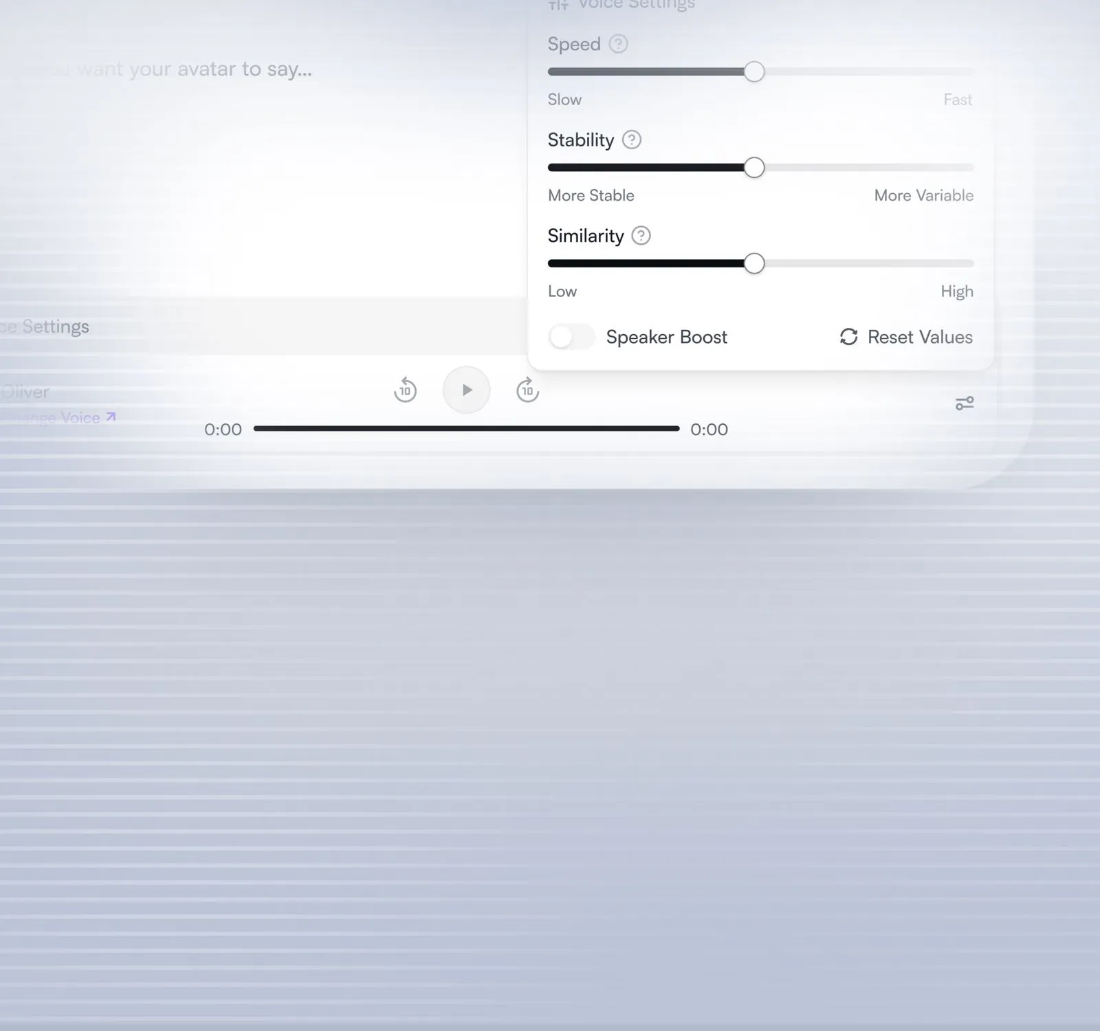 Sliders for adjusting voice speed, stability, and speaker settings before generating.