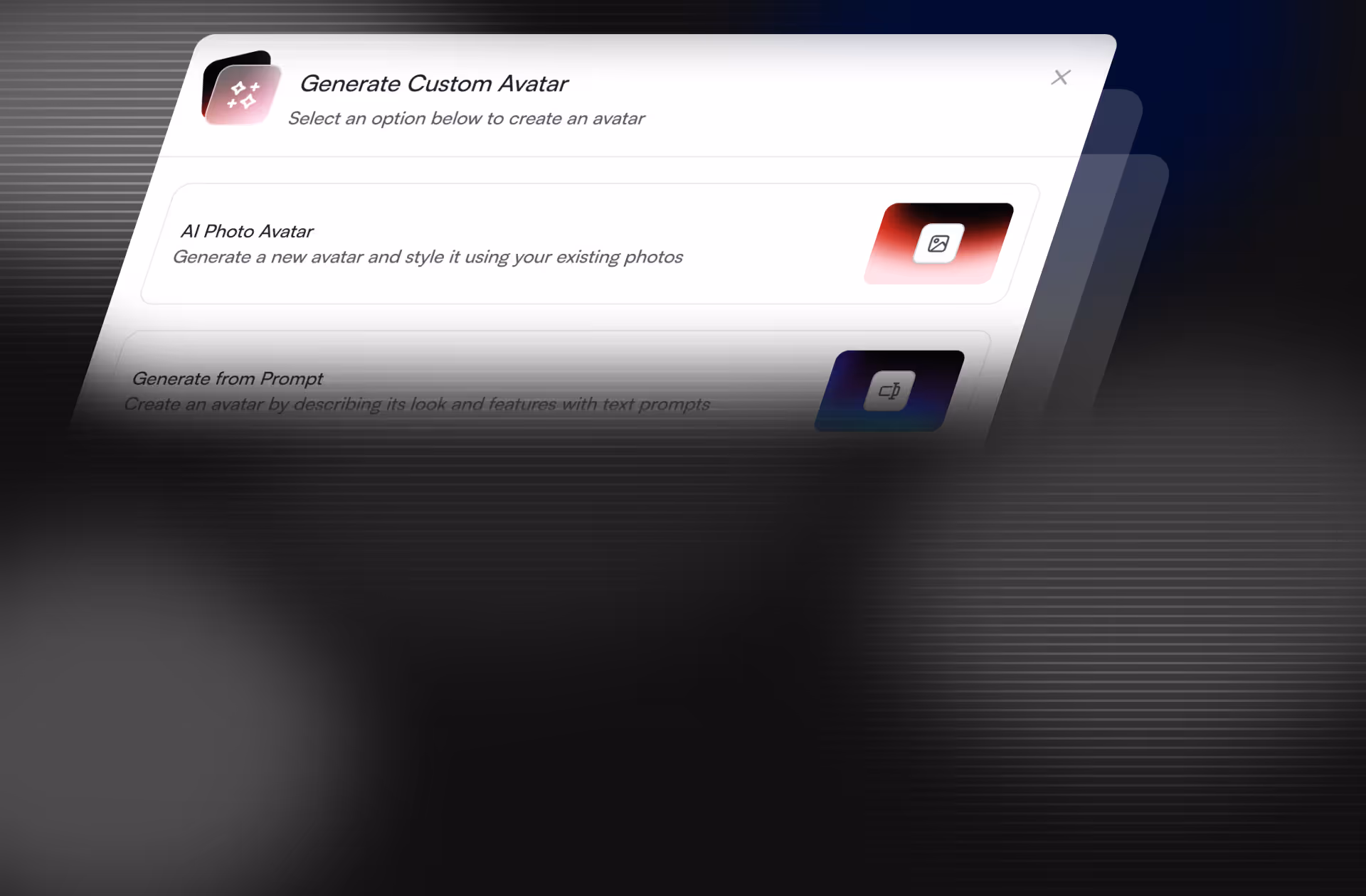 Options to create a custom AI avatar from a photo or text prompt.