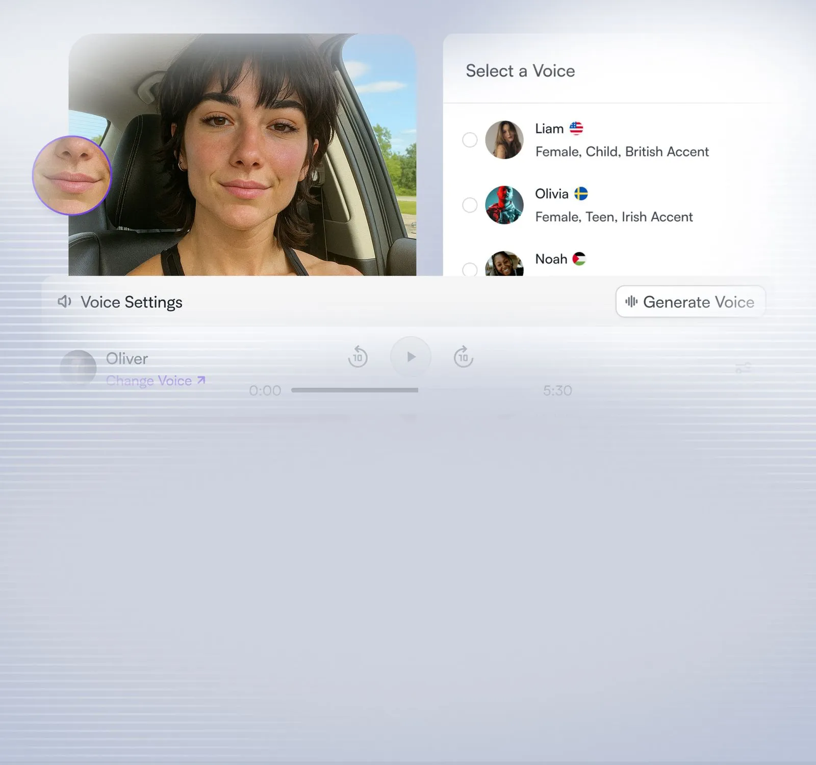 AI avatar interface with voice sync settings and side-by-side video preview.