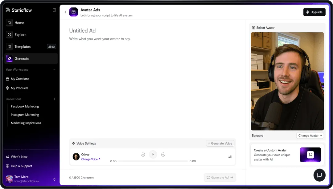 Staticflow interface with AI avatar on screen and script editor, representing modern AI-generated UGC.