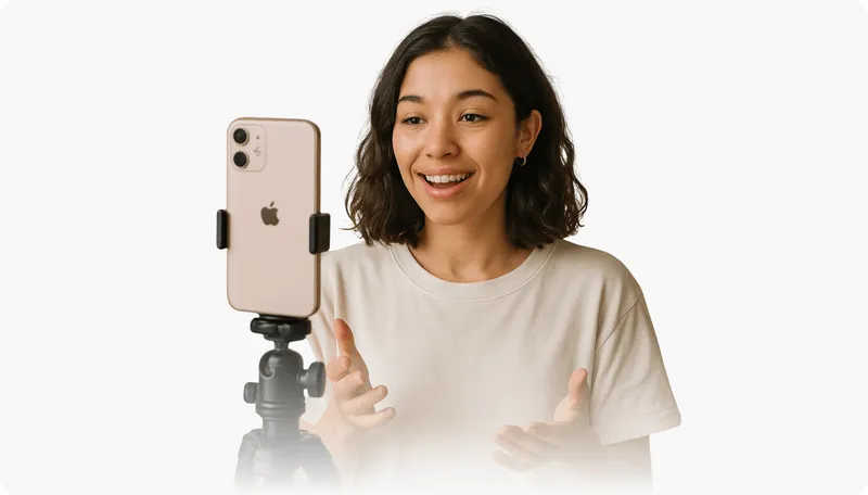 Woman recording herself on a smartphone mounted on a tripod, representing traditional UGC creation.