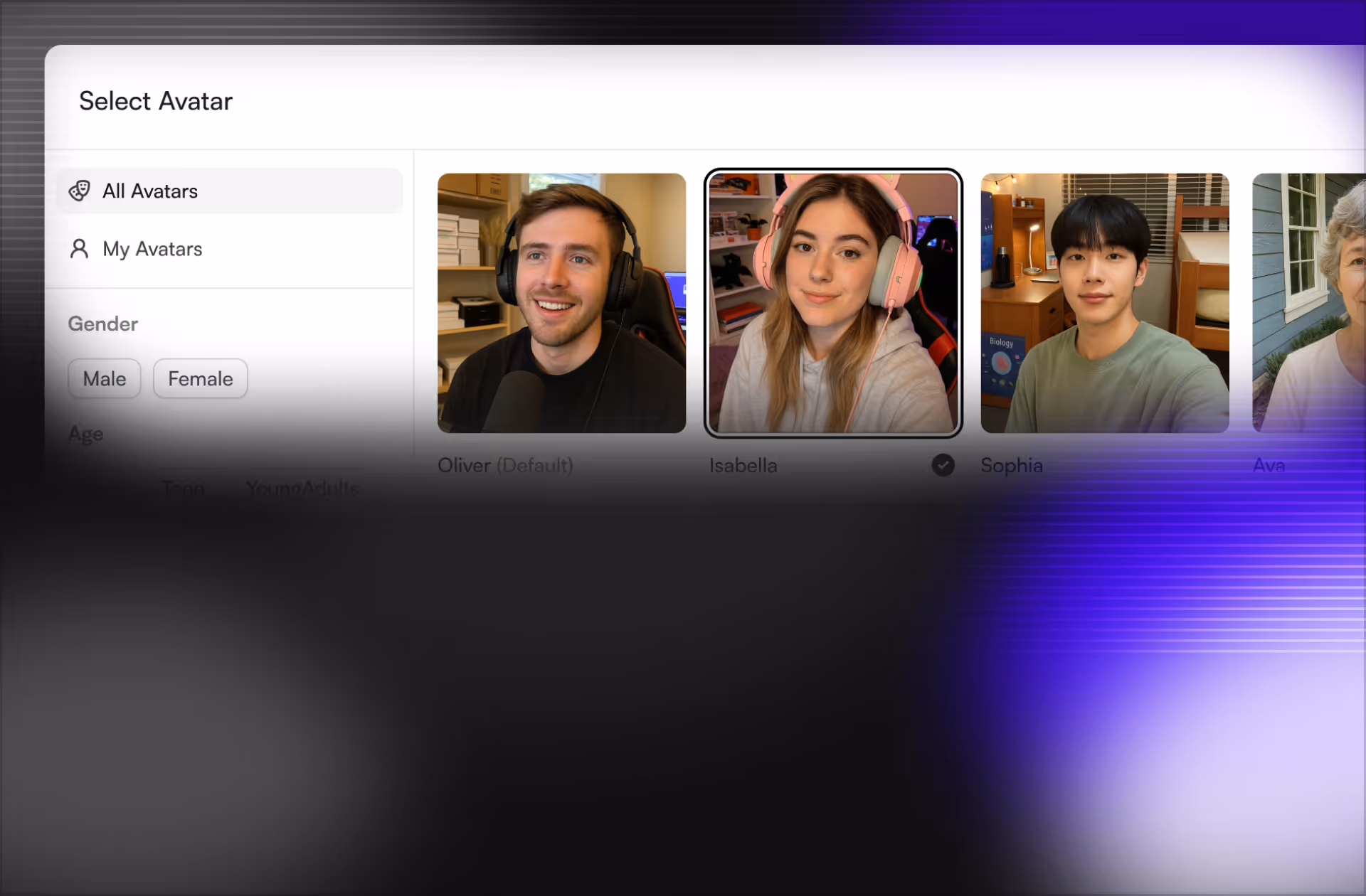 Interface showing AI avatar options with gender filters and sample avatar portraits.