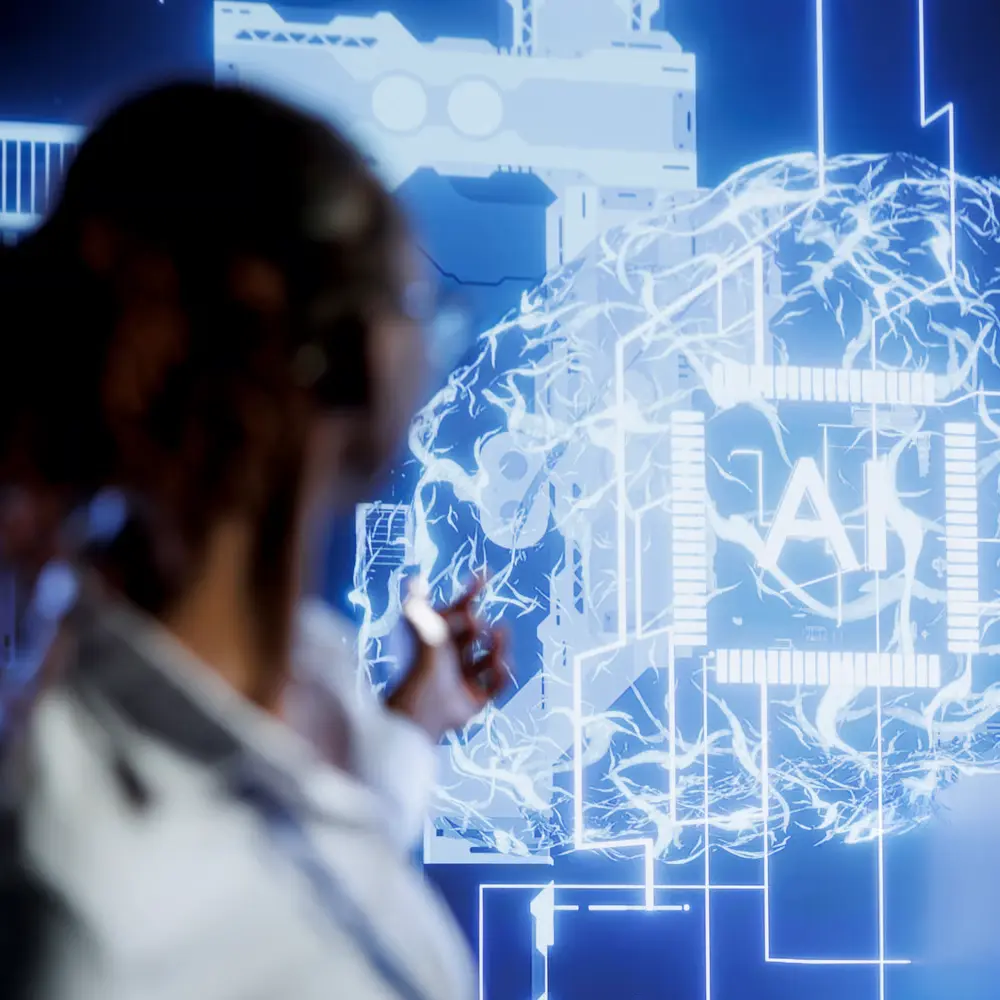 Scientist interacting with an artificial intelligence interface displaying digital brain and healthcare data visualization.