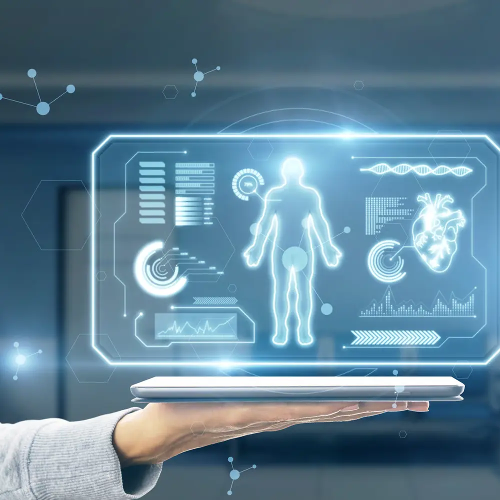 Digital healthcare interface displaying a human anatomy model and patient data for personalized medicine applications.