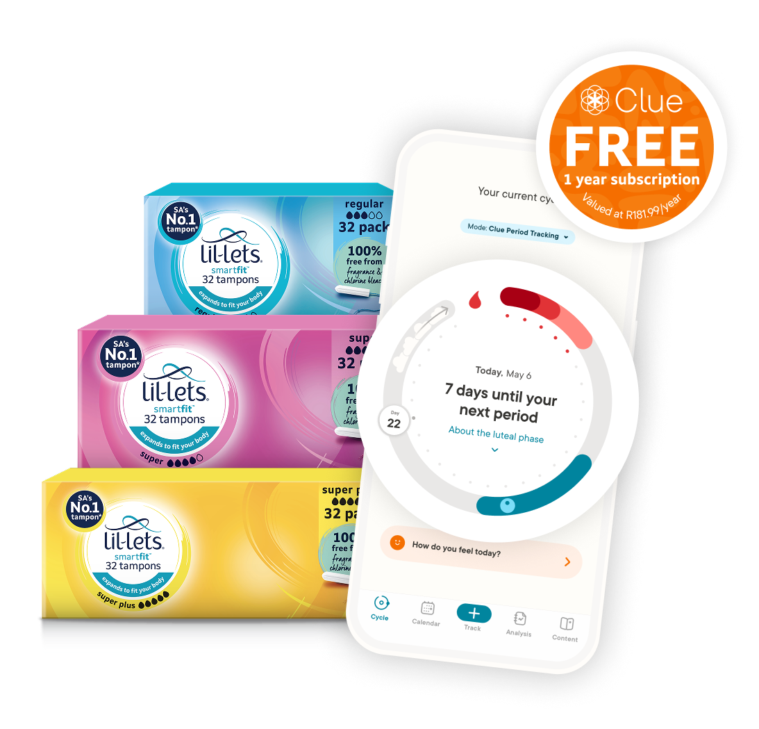 On the left there are three different Lil-Lets tampon boxes and on the right there's a phone screen showing the Clue app cycle view. There's also a sticker on the phone screen with the following text: Clue FREE 1 year subscription. Valued at R181.99/year.