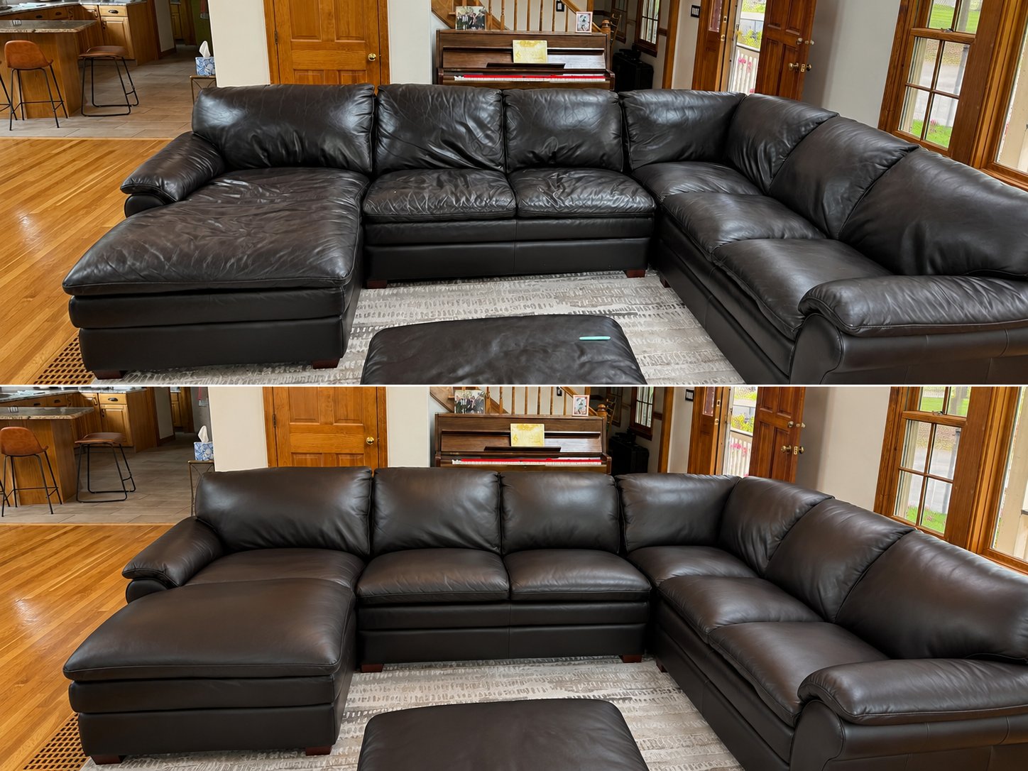 Before and after: sagging leather sectional cushions restored with new high-density foam by Pro Leather Fix