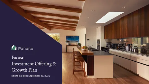 "Pacaso Investment Opportunity" title slide, showing a modern luxury home with a pool and patio area.