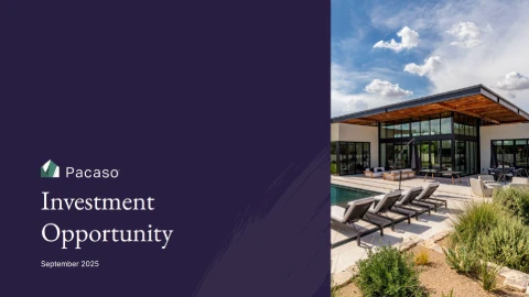 "Pacaso Investment Opportunity" title slide, showing a modern luxury home with a pool and patio area.