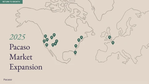 Map showing Pacaso's 2025 market expansion plans with location pins in North America and Europe.