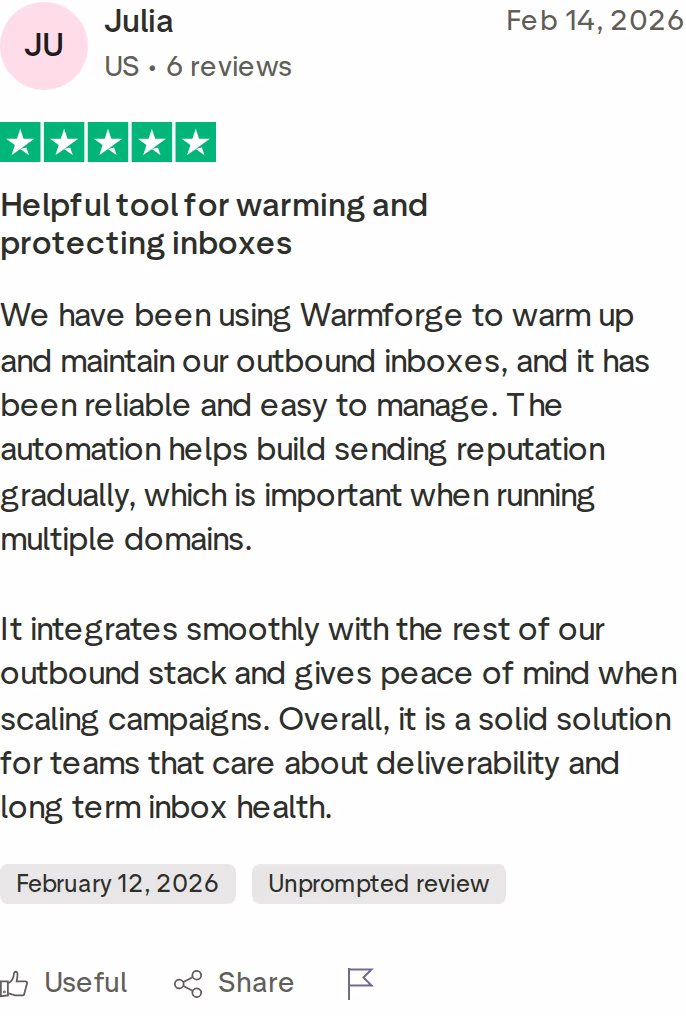 Five-star Warmforge Trustpilot review from Julia titled Helpful tool for warming and protecting inboxes