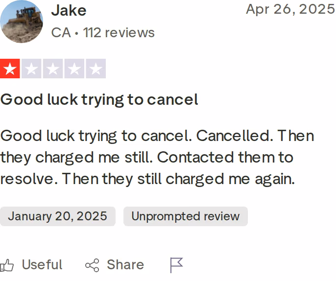 One-star MailReach Trustpilot review from Jake titled Good luck trying to cancel, describing being charged after cancelling