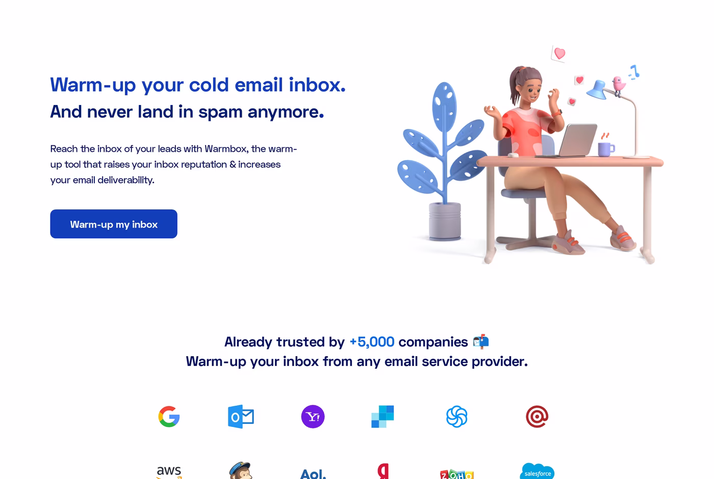 Warmbox homepage with the headline warm-up your cold email inbox and never land in spam anymore