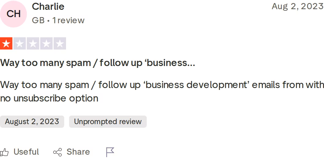 One-star Trustpilot review criticizing Folderly for too many business-development emails with no unsubscribe option