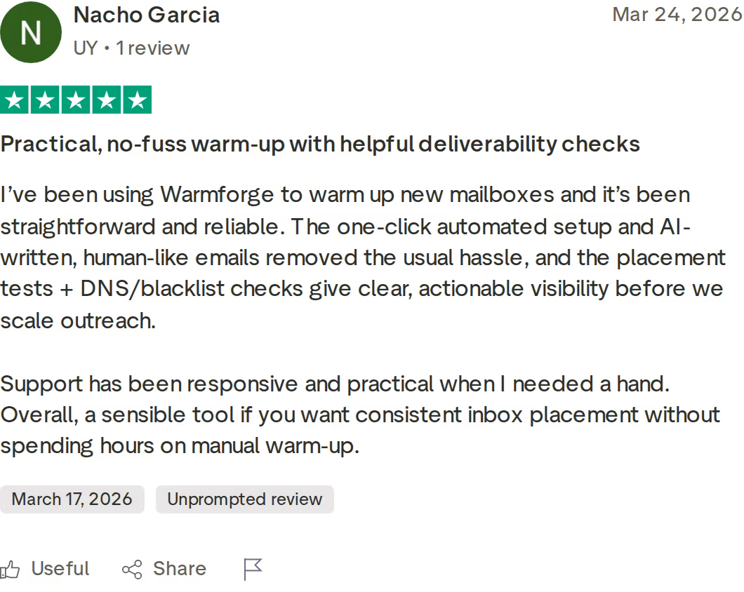 Five-star Trustpilot review of Warmforge praising practical, no-fuss warm-up with helpful deliverability checks