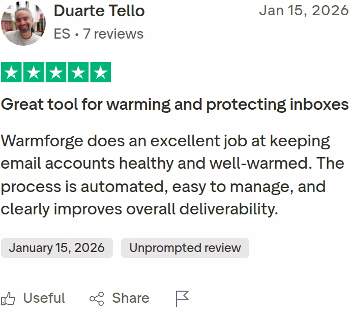 A five-star Trustpilot review of Warmforge from Duarte Tello calling it a great tool for warming and protecting inboxes that clearly improves deliverability