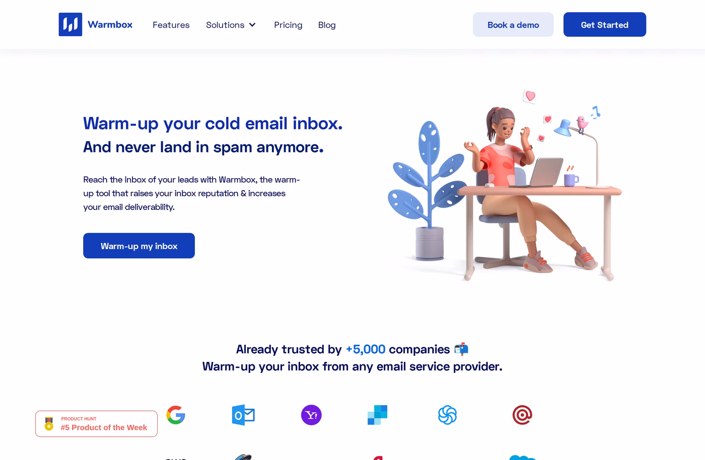 Warmbox homepage with the headline Warm-up your cold email inbox and never land in spam