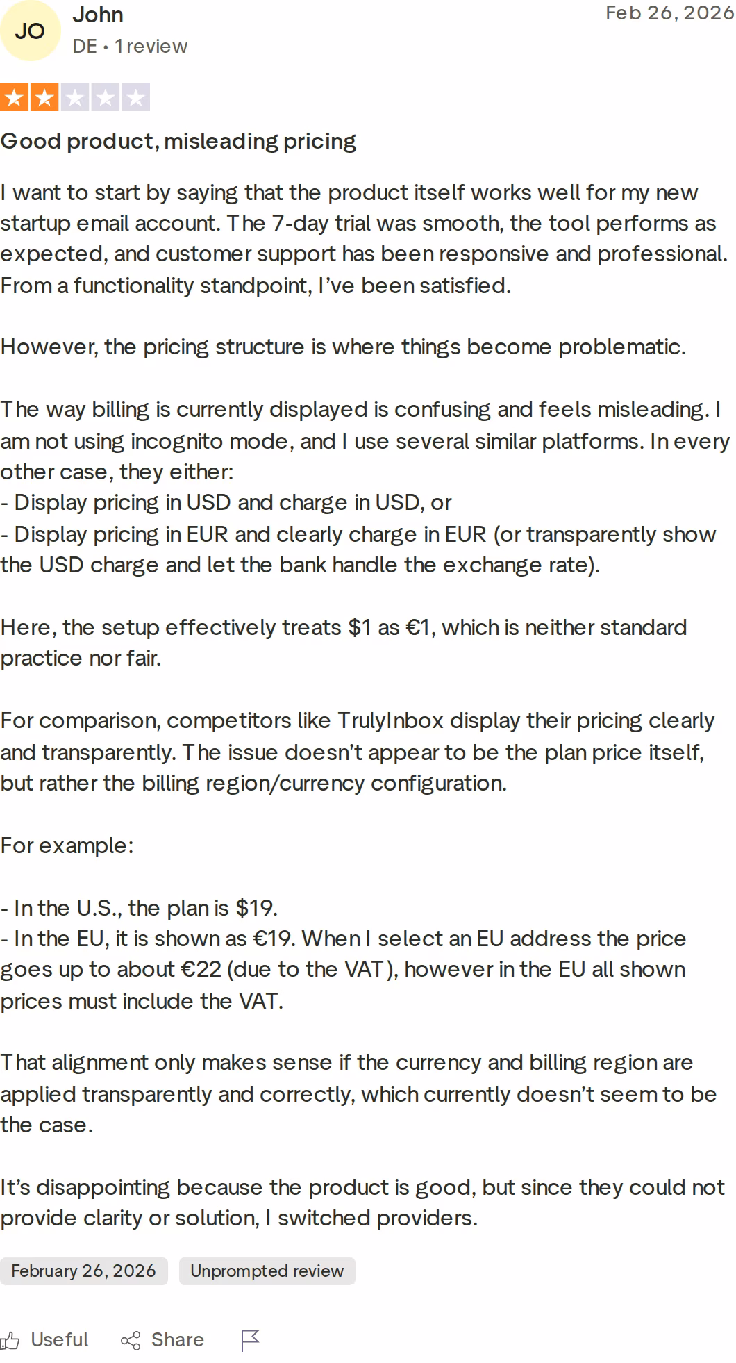 A two-star Trustpilot review of Warmup Inbox titled Good product, misleading pricing, describing confusion over currency and billing