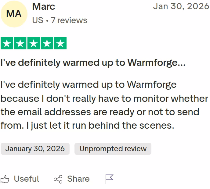 A five-star Trustpilot review of Warmforge from Marc saying he does not have to monitor whether mailboxes are ready and just lets it run