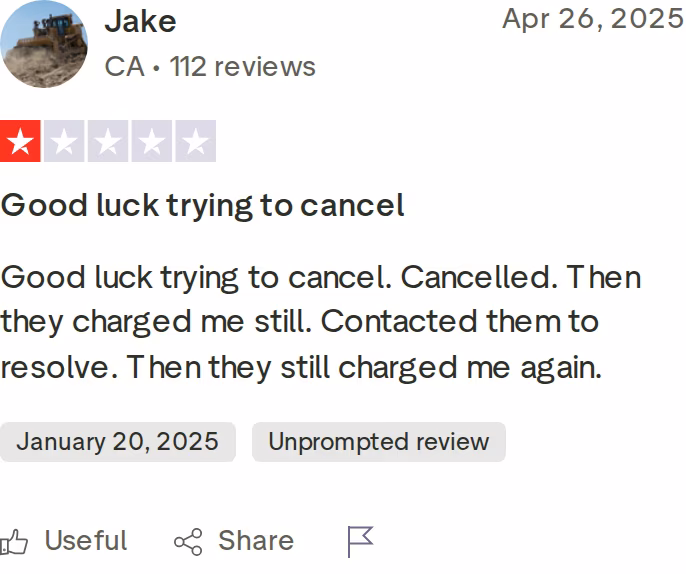 A one-star Trustpilot review of Mailreach describing difficulty cancelling the subscription
