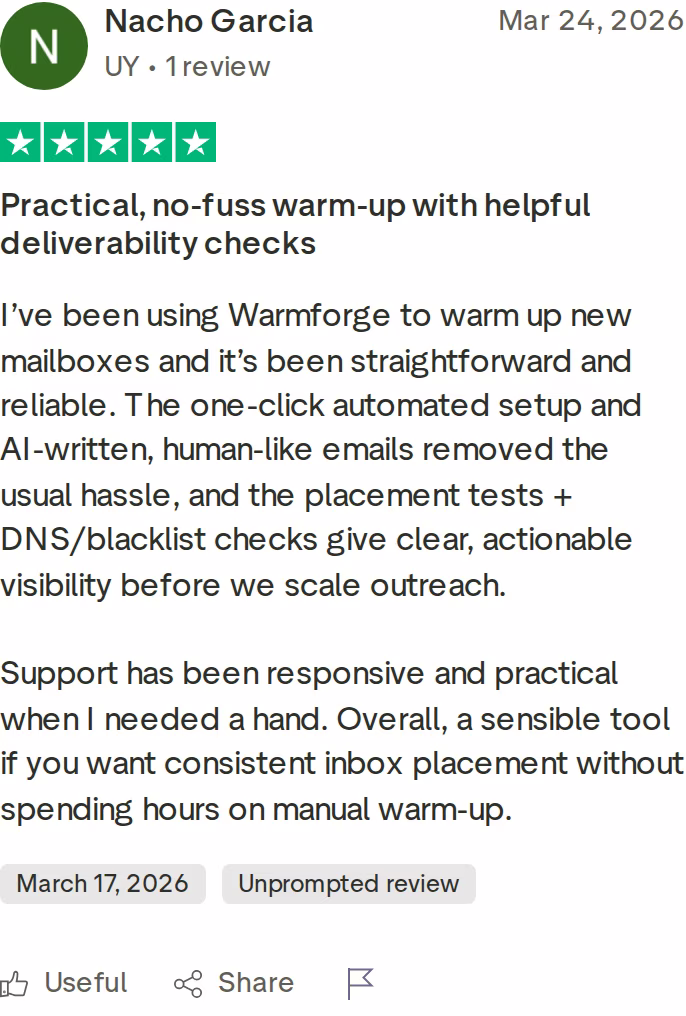 A five-star Trustpilot review praising Warmforge as a practical, no-fuss warm-up tool with helpful deliverability checks