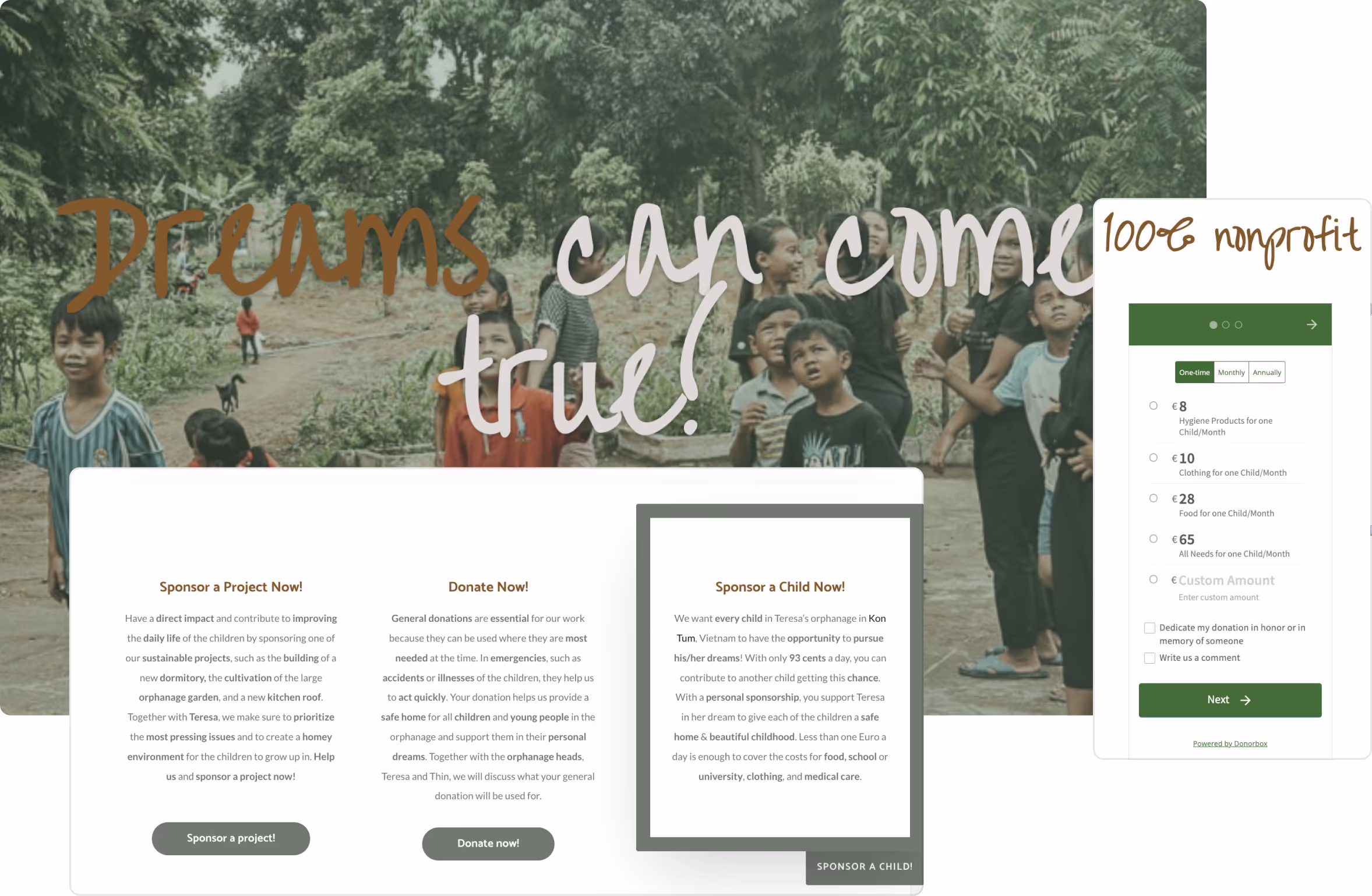 Nonprofit website promoting child sponsorship and donations