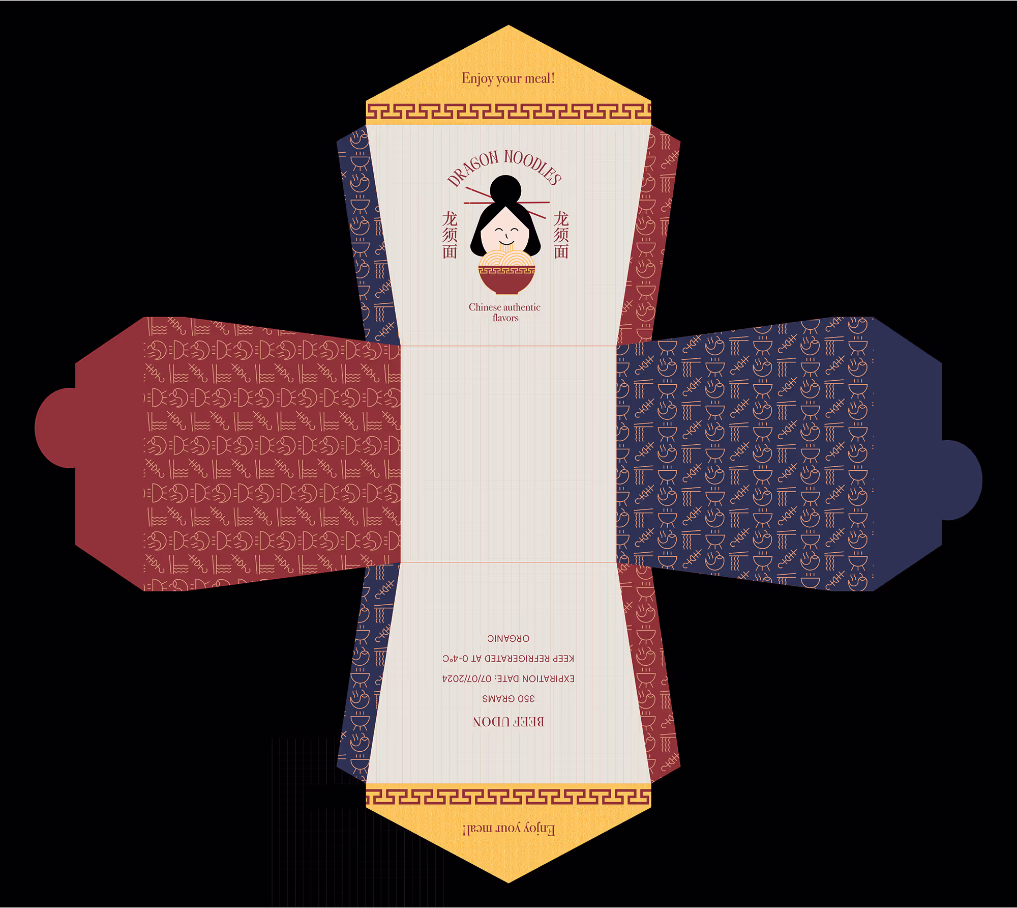 A flat, unfolded template for the "Dragon Noodles" takeout box. The template shows the different panels in maroon, dark blue, and white, with the "Dragon Noodles" logo and design elements printed on the designated front panel