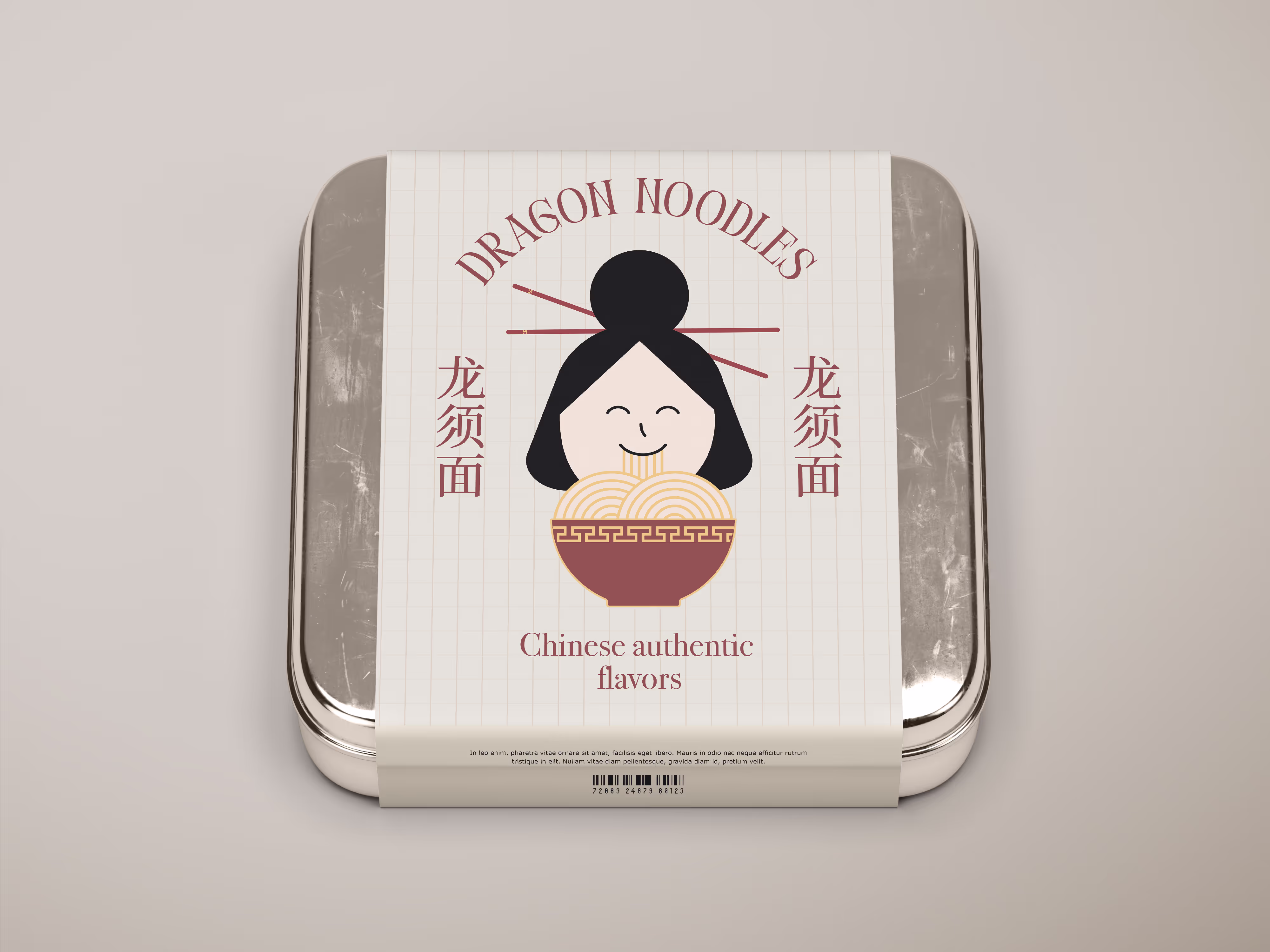 Silver tin with a cartoon illustration for Dragon Noodles