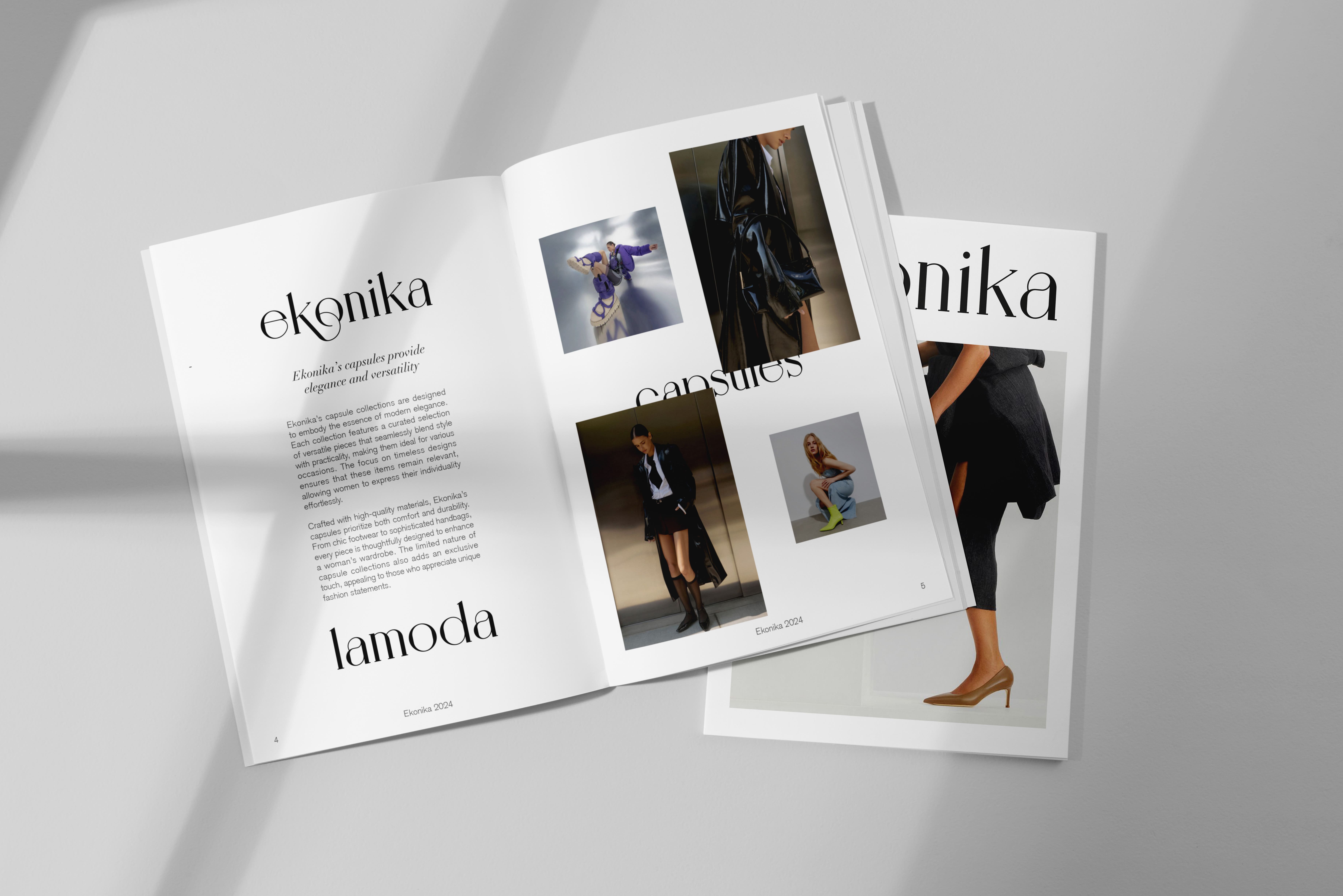 A magazine cover and open spread are shown. The cover features the word "ekonika" in a stylish font above an image of a model with a handbag. The open pages display text and four distinct photographs showcasing different fashionable accessories
