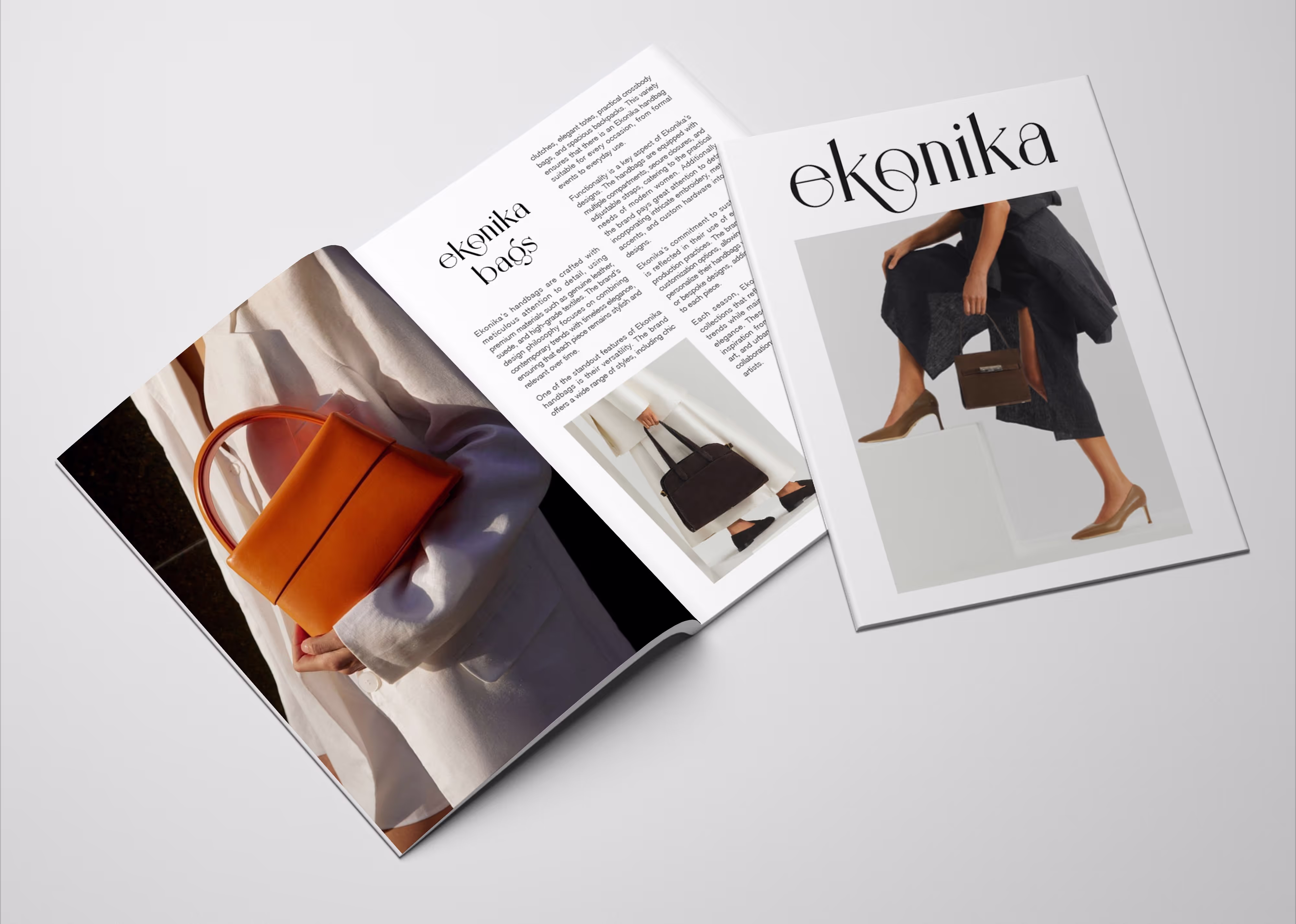 A magazine cover and open spread are visible. The cover features a close-up of a stylish orange handbag. The open pages show a model holding the same orange bag, along with accompanying text