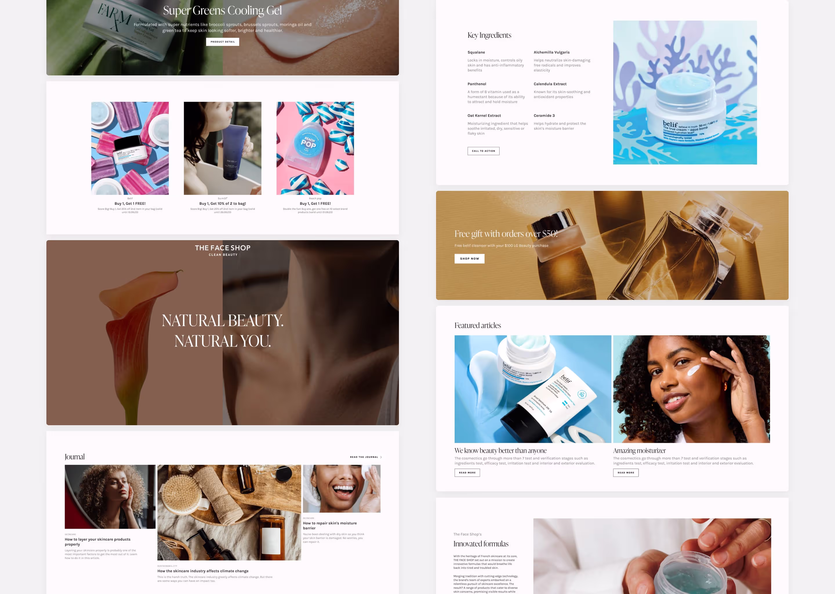 A partial view of a website showcasing various beauty products and related content. It includes product images, descriptions, key ingredients, promotional banners for free gifts, and featured articles with images of skincare products and a woman applying moisturizer