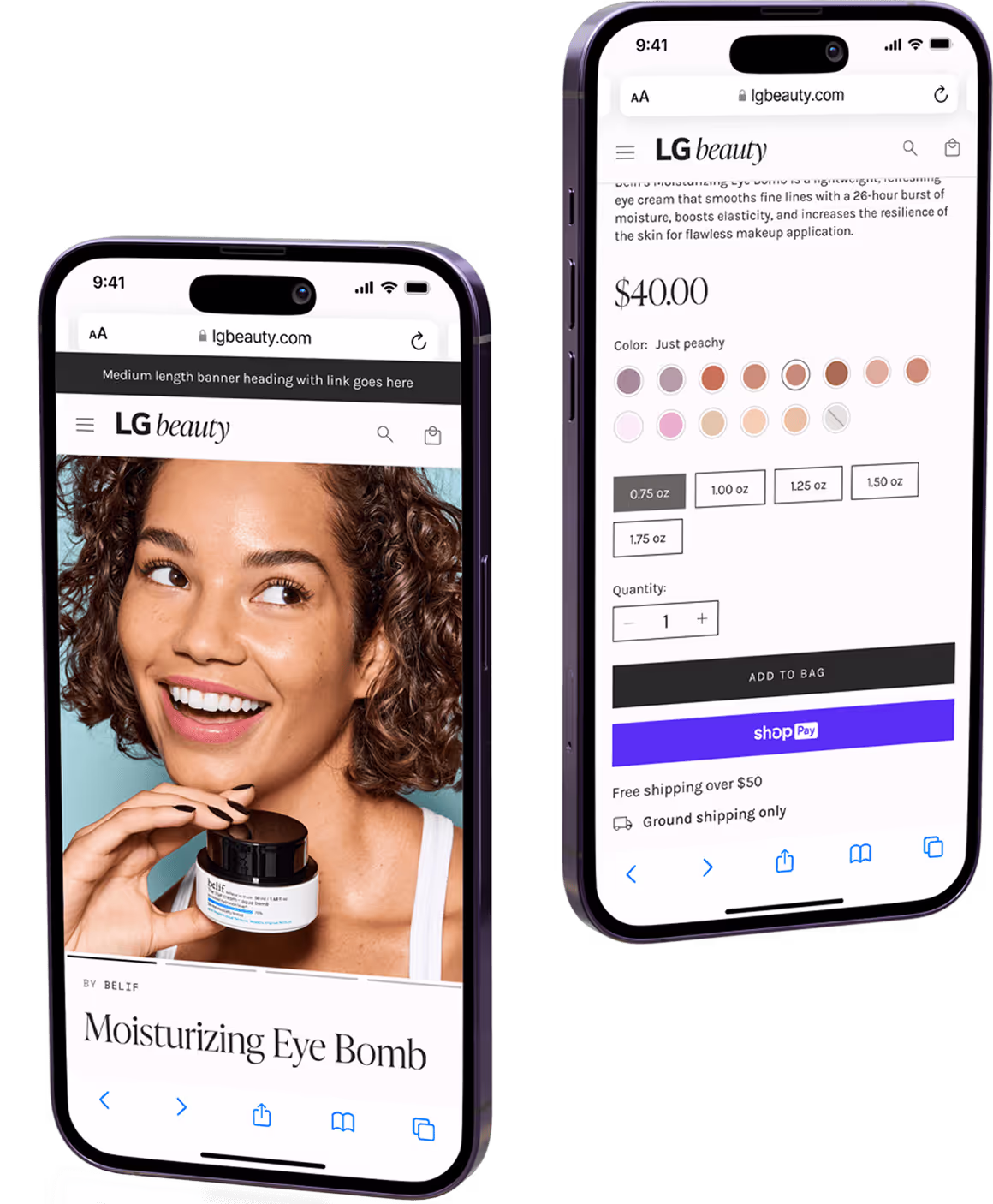 Two smartphones display the mobile version of the "Belif Moisturizing Eye Bomb" product page on the LG Beauty website