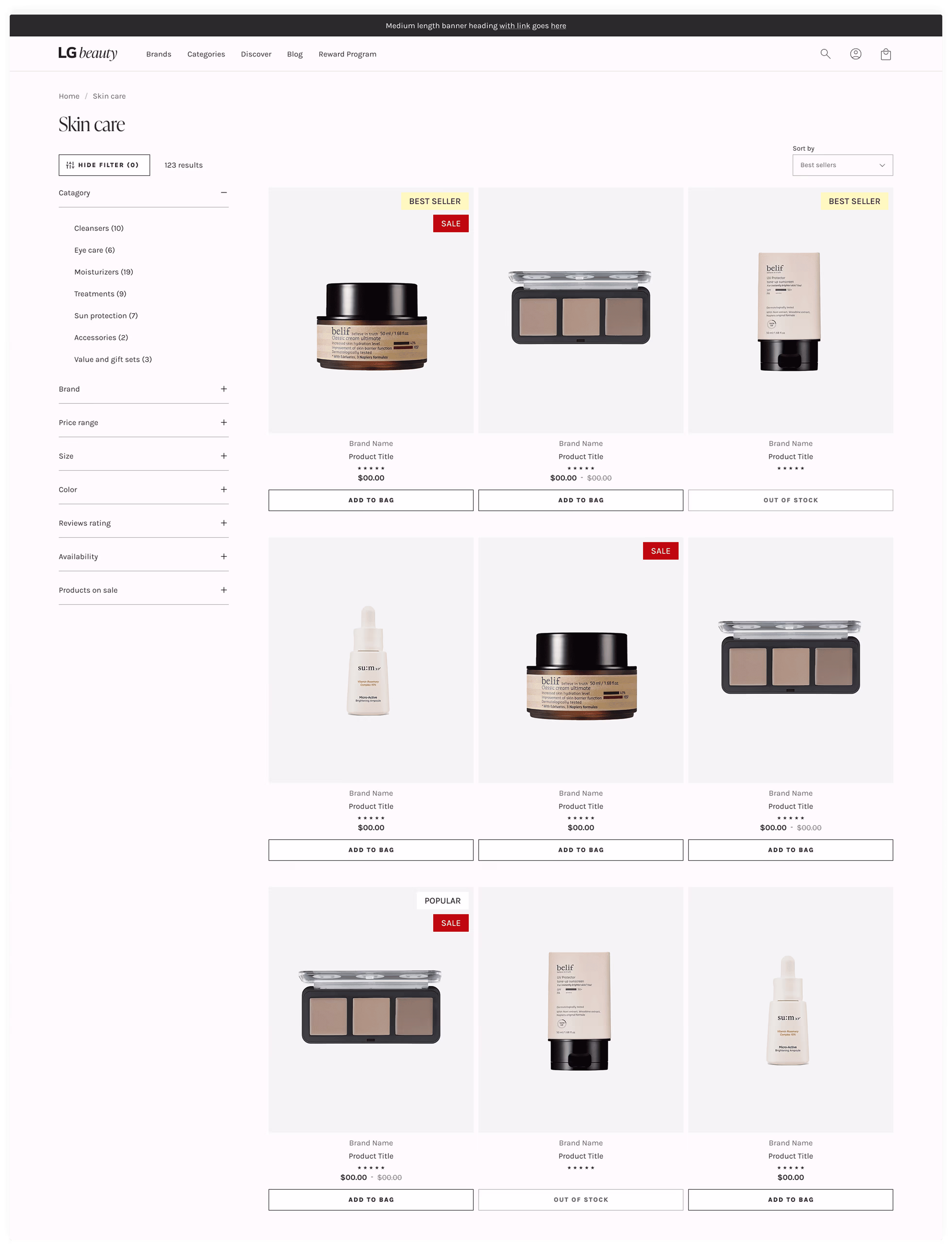 A webpage displaying the "Skin Care" category on the LG Beauty website