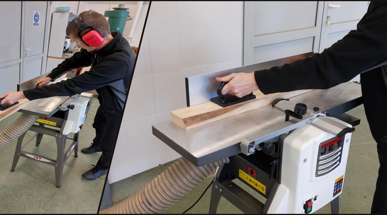 Dwa zdjęcia osób pracujących na maszynie strugarko- grubościówce