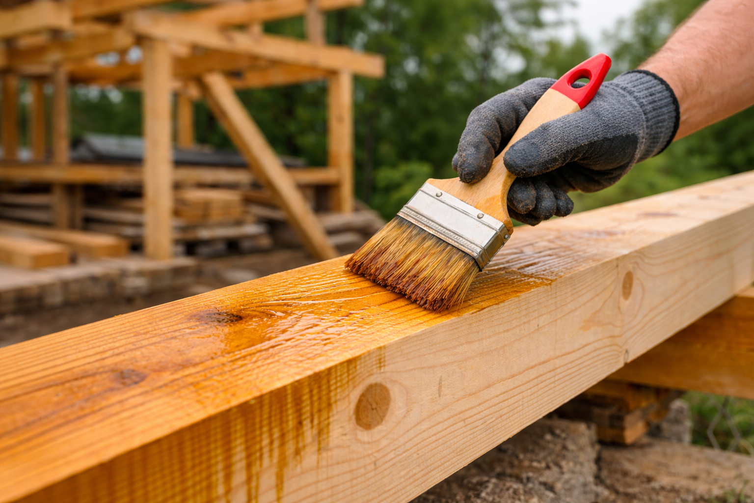 Drewno konstrukcyjne pokrywane impregnatem pędzlem, wdać tylko rękę pracownika