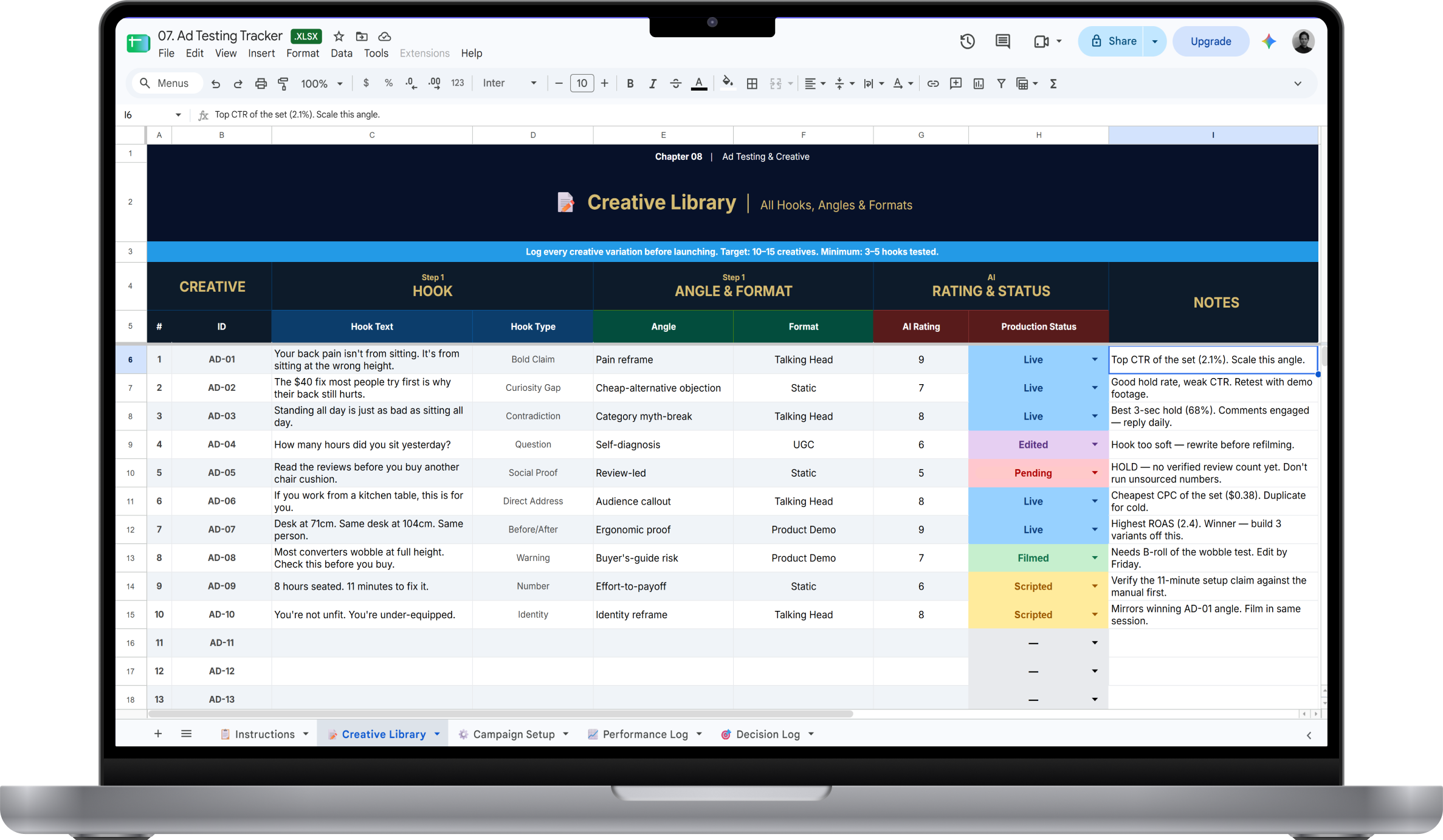 Sheet 01, the Niche Validation System, scoring candidate niches through trend detection, review mining and brand forecast with PASS or FAIL at each step