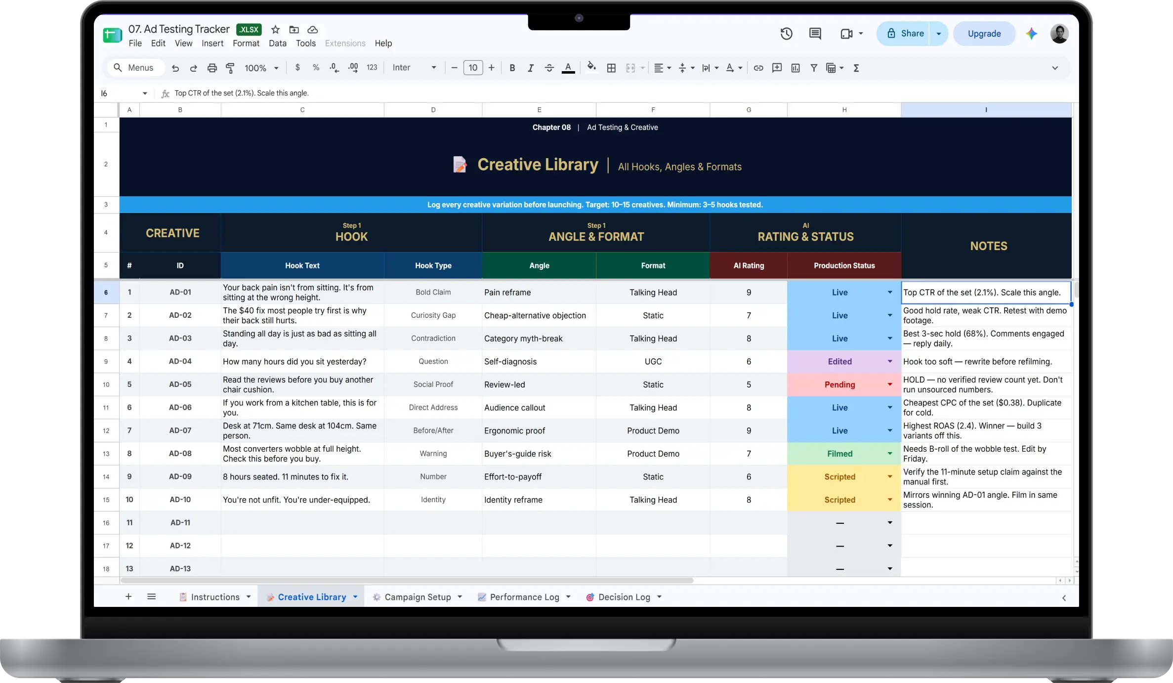 Sheet 01, the Niche Validation System, scoring candidate niches through trend detection, review mining and brand forecast with PASS or FAIL at each step