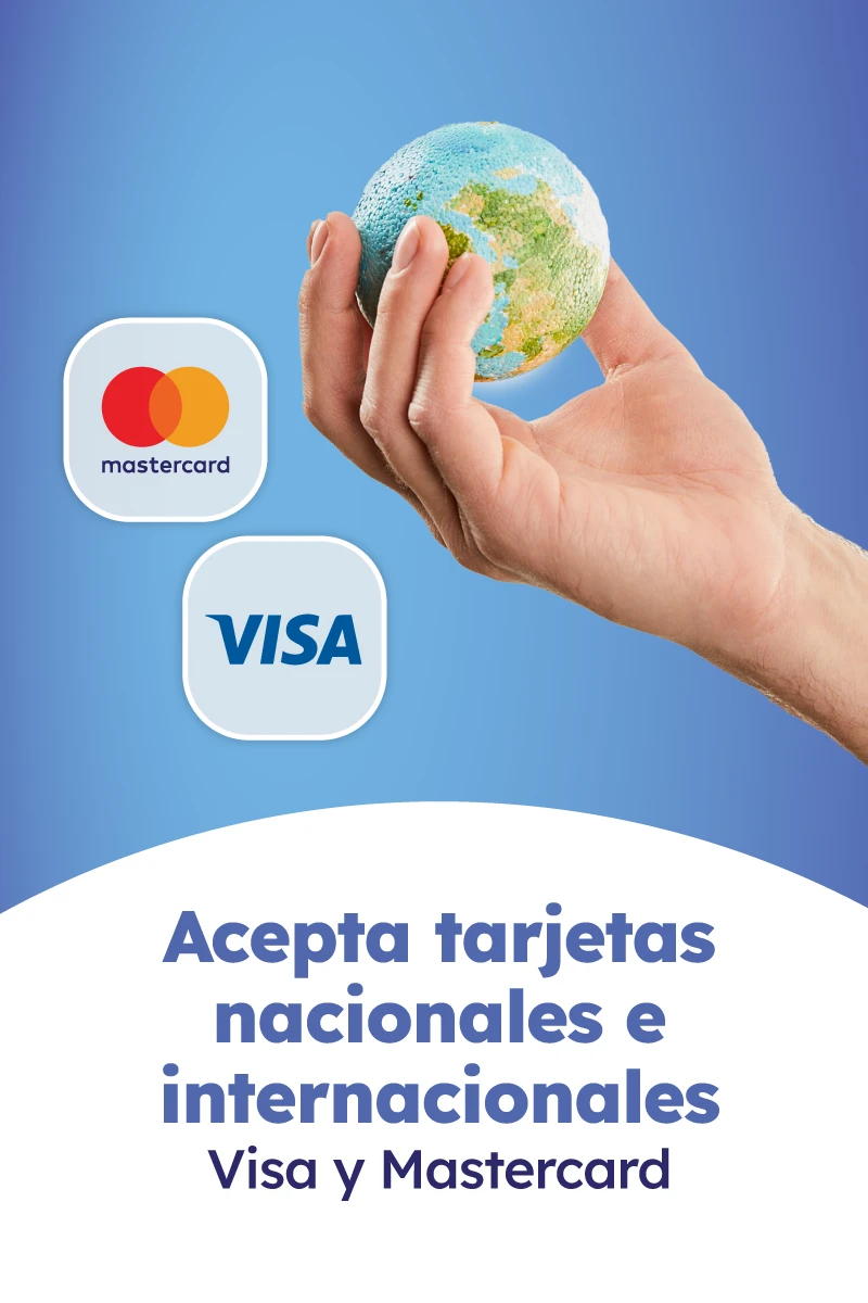 Acepta tarjetas nacionales e internacionales, Visa y Mastercard