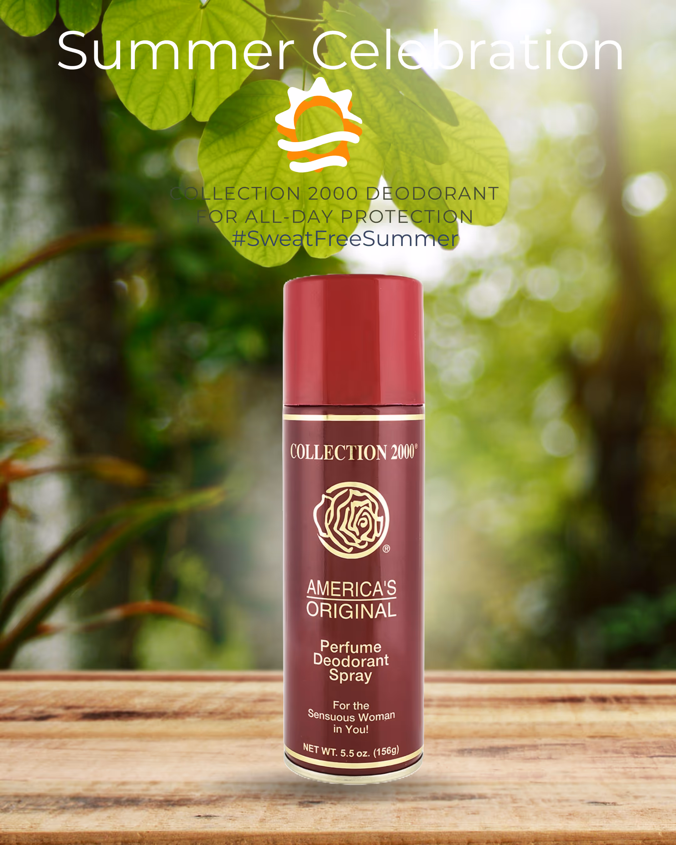 Collection 2000 America’s Original perfume deodorant spray displayed outdoors on a wooden surface with green leaves background, promoting summer all-day protection.