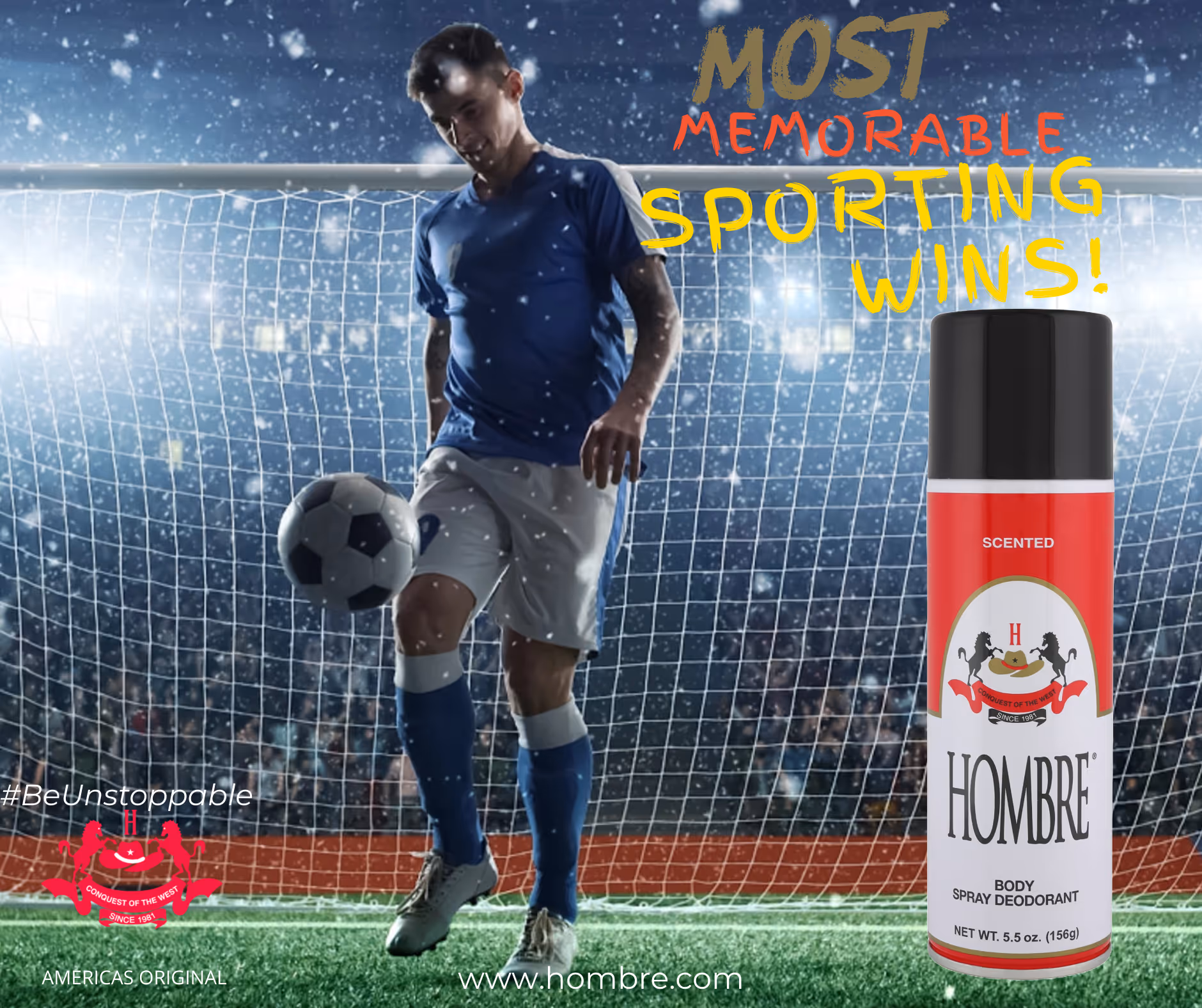Soccer player on the field with HOMBRE deodorant spray for active, long-lasting freshness.