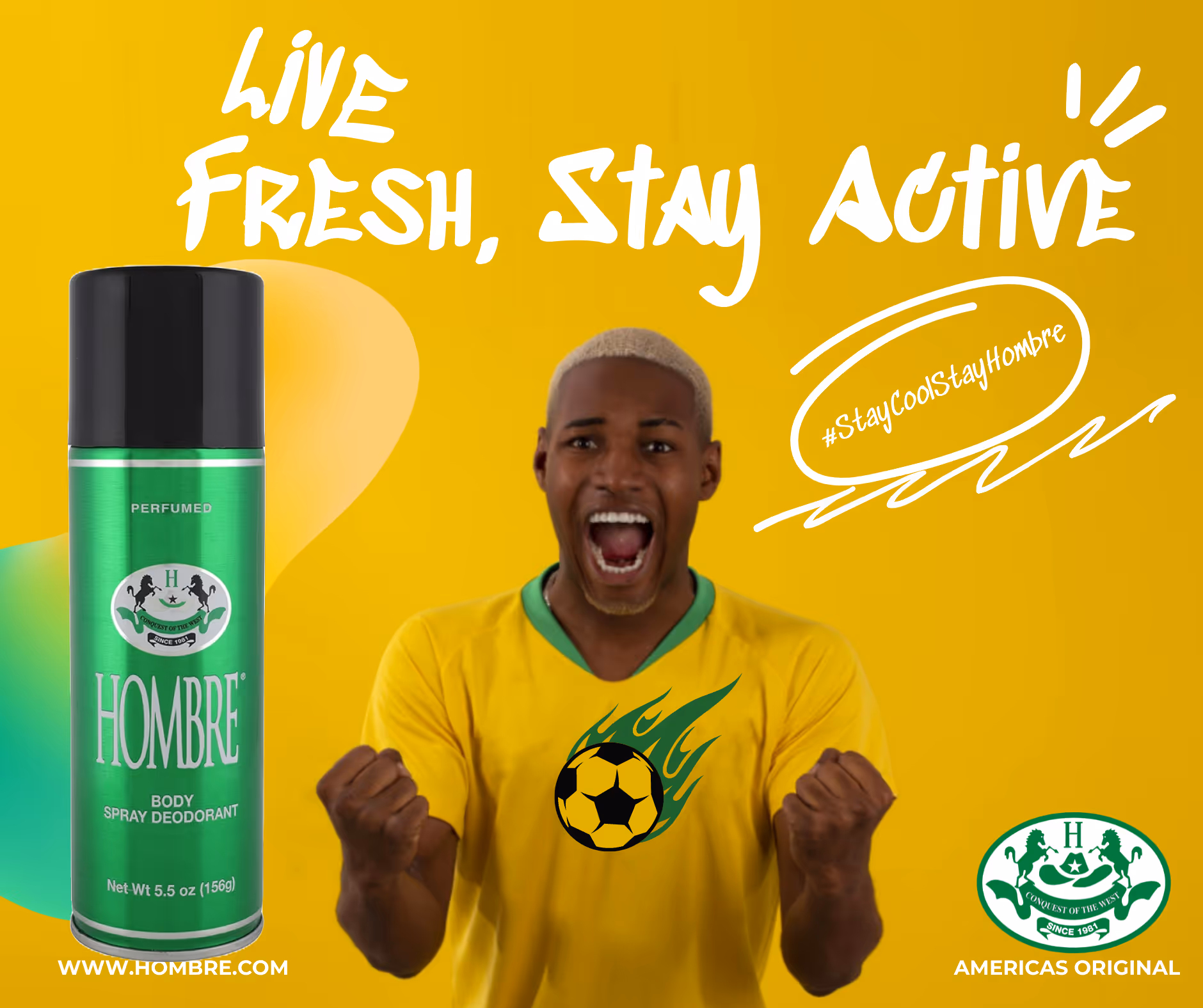 Soccer player on the field with HOMBRE deodorant spray for active, long-lasting freshness.