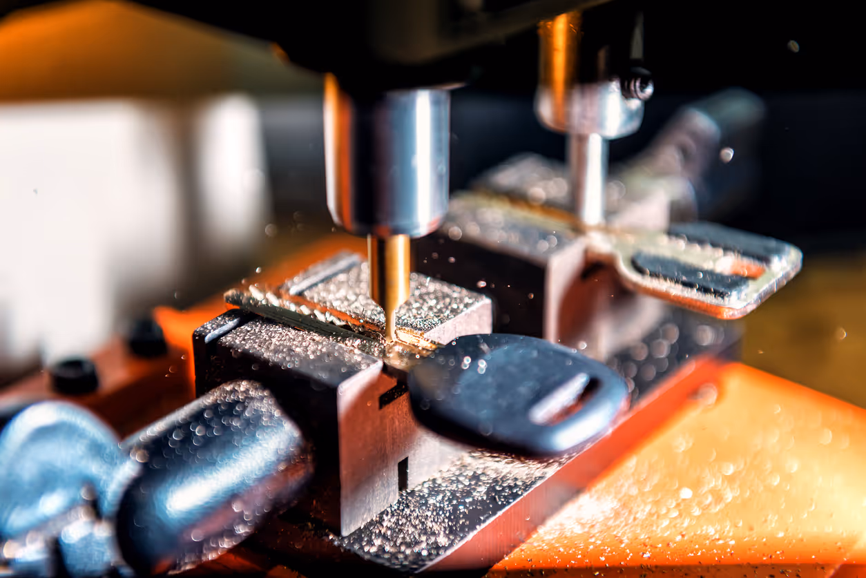 Close-up of a key being cut by a key cutting machine with metal shavings scattered around.