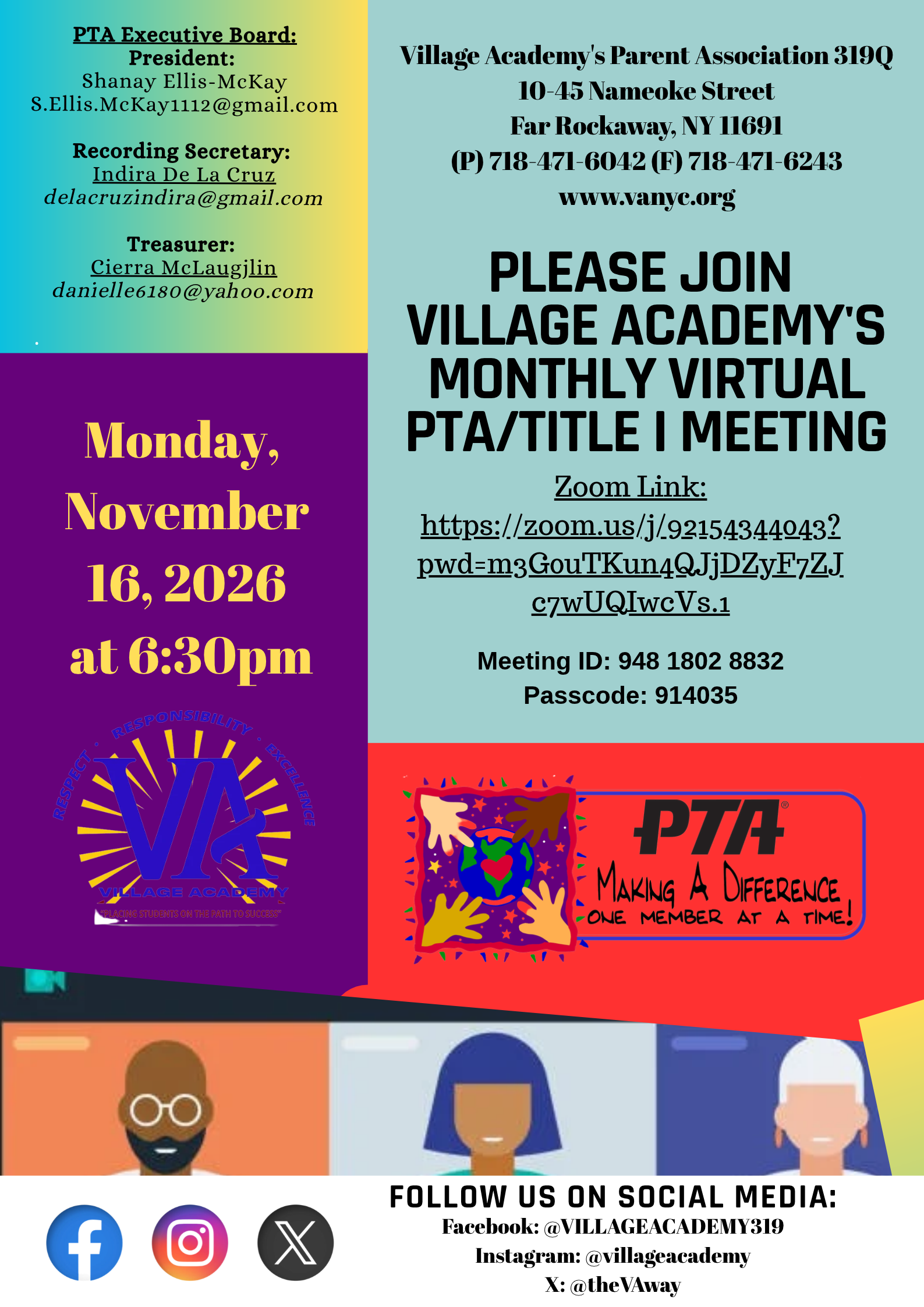 MONTHLY VIRTUAL PTA/TITLE I MEETING flyer